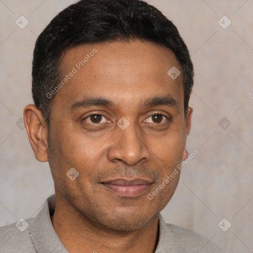 Joyful latino adult male with short  black hair and brown eyes