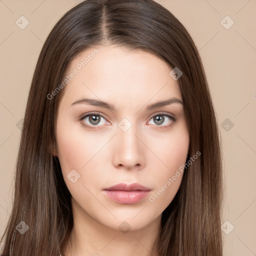 Neutral white young-adult female with long  brown hair and brown eyes