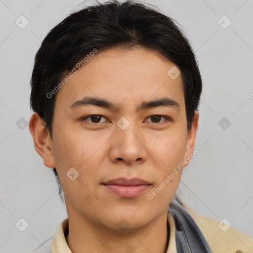 Neutral asian young-adult male with short  brown hair and brown eyes