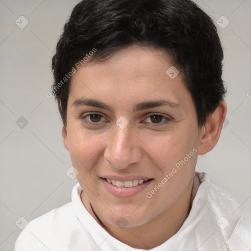 Joyful white young-adult female with short  brown hair and brown eyes