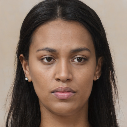 Neutral asian young-adult female with long  brown hair and brown eyes