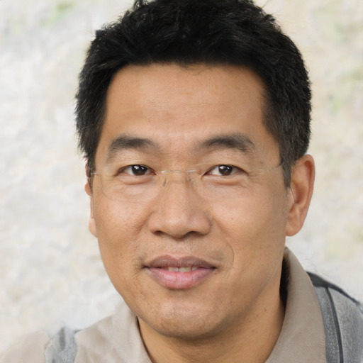 Joyful asian adult male with short  black hair and brown eyes