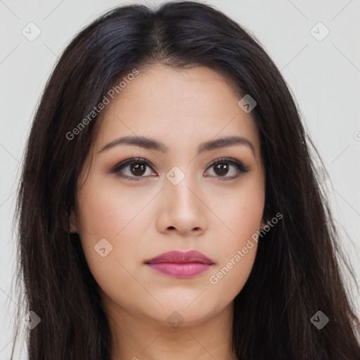 Neutral asian young-adult female with long  brown hair and brown eyes