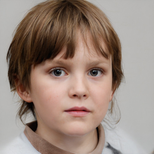 Neutral white child female with medium  brown hair and grey eyes