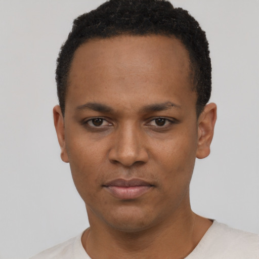 Neutral black young-adult female with short  black hair and brown eyes
