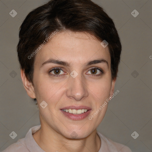 Joyful white young-adult female with short  brown hair and brown eyes