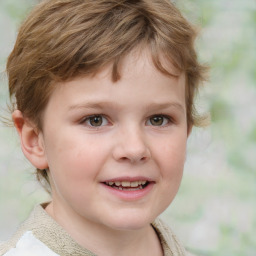 Joyful white child male with medium  brown hair and grey eyes