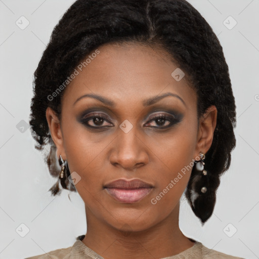 Joyful black young-adult female with medium  brown hair and brown eyes