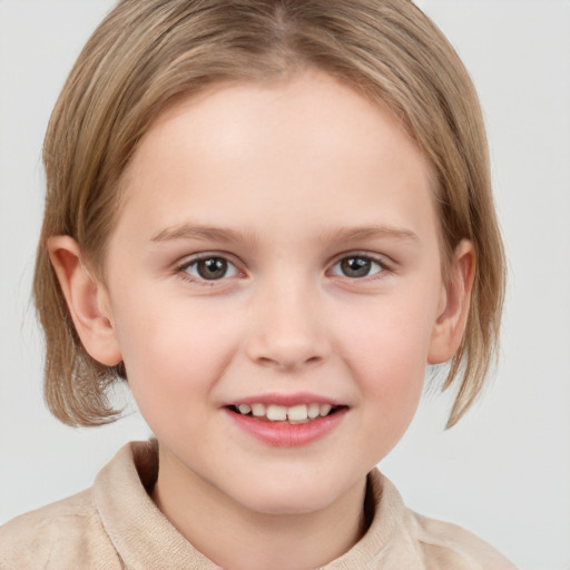 Joyful white child female with medium  brown hair and brown eyes