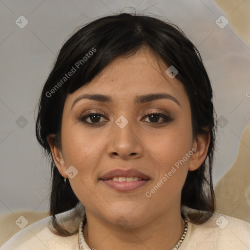 Joyful asian young-adult female with medium  black hair and brown eyes