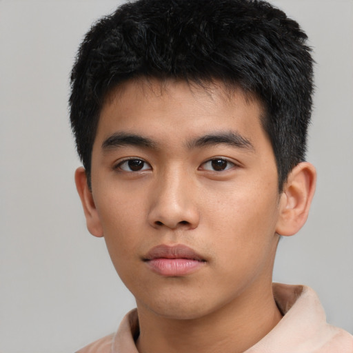 Neutral asian young-adult male with short  black hair and brown eyes