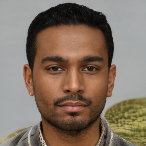 Neutral black young-adult male with short  black hair and brown eyes