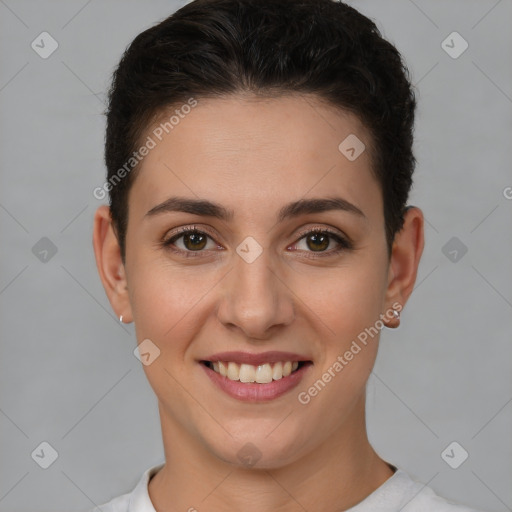 Joyful white young-adult female with short  brown hair and brown eyes