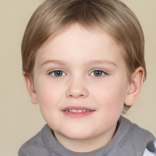 Joyful white child female with short  brown hair and grey eyes