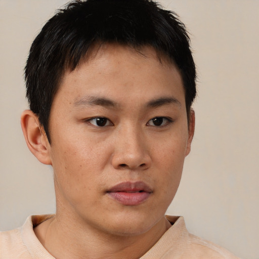 Neutral asian young-adult male with short  brown hair and brown eyes
