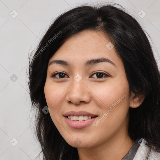 Joyful white young-adult female with medium  brown hair and brown eyes