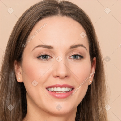 Joyful white young-adult female with long  brown hair and grey eyes