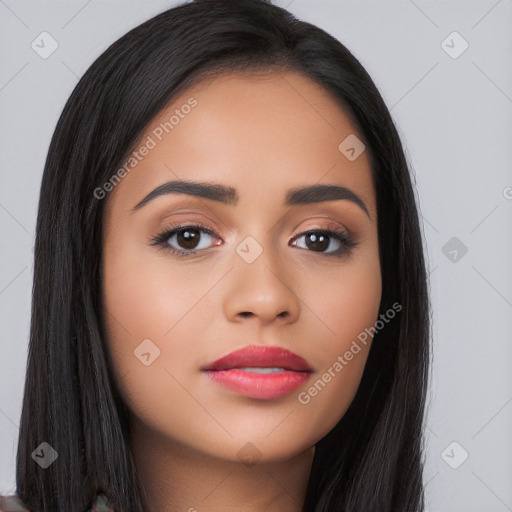 Neutral latino young-adult female with long  black hair and brown eyes