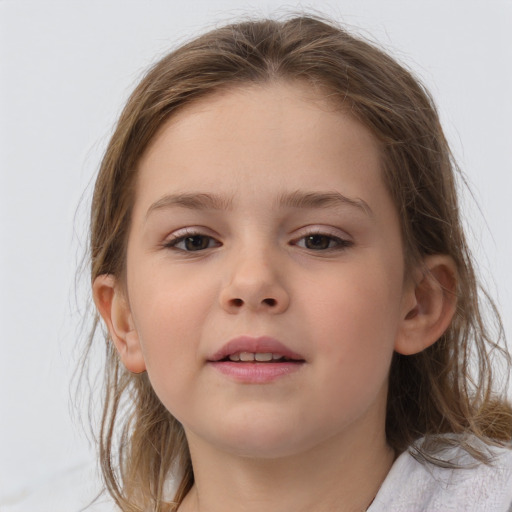 Neutral white child female with medium  brown hair and grey eyes