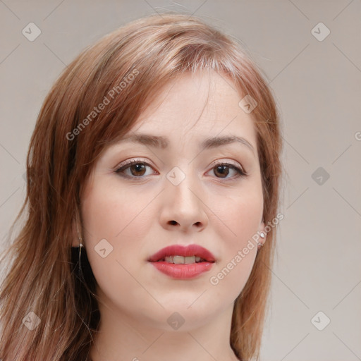 Joyful white young-adult female with medium  brown hair and blue eyes