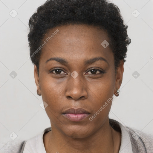 Neutral black young-adult female with short  black hair and brown eyes