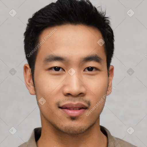 Neutral asian young-adult male with short  black hair and brown eyes