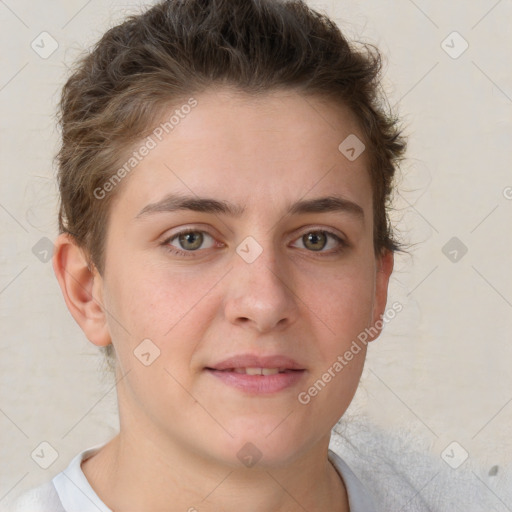 Neutral white young-adult female with short  brown hair and brown eyes