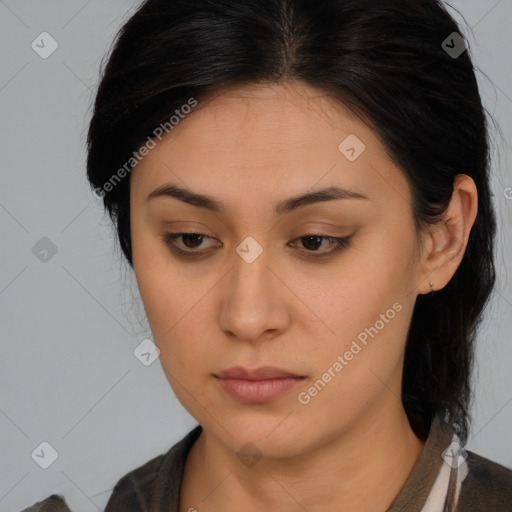 Neutral asian young-adult female with medium  brown hair and brown eyes