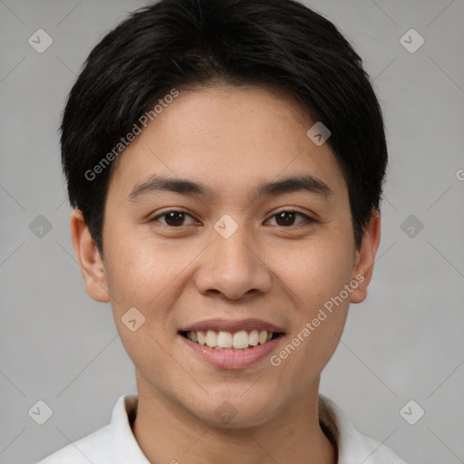 Joyful asian young-adult female with short  brown hair and brown eyes