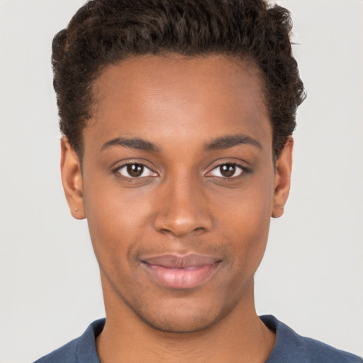 Joyful black young-adult male with short  brown hair and brown eyes