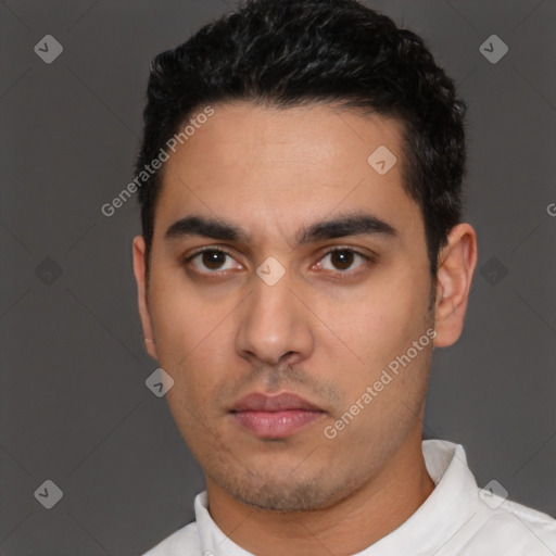 Neutral latino young-adult male with short  black hair and brown eyes