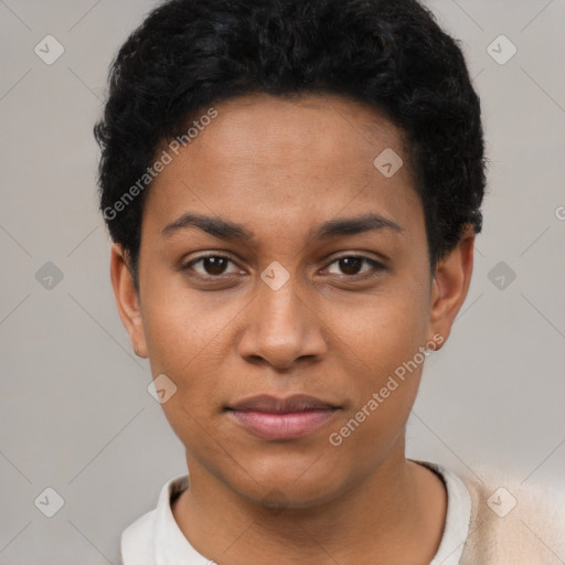 Joyful latino young-adult female with short  black hair and brown eyes