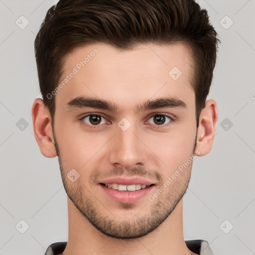 Joyful white young-adult male with short  brown hair and brown eyes