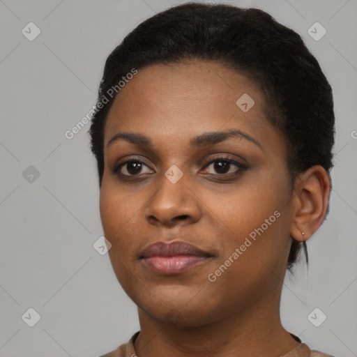 Neutral black young-adult female with short  black hair and brown eyes