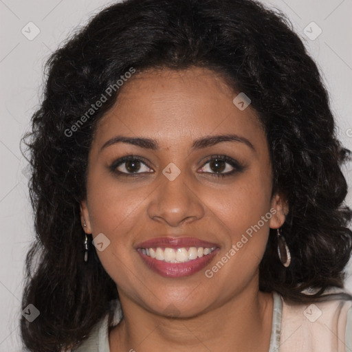 Joyful black young-adult female with long  brown hair and brown eyes