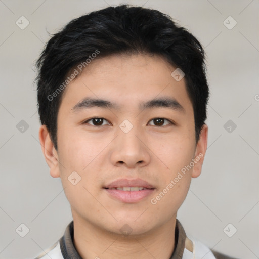 Neutral asian young-adult male with short  black hair and brown eyes