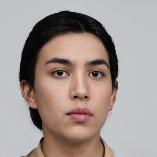 Neutral asian young-adult female with medium  black hair and brown eyes