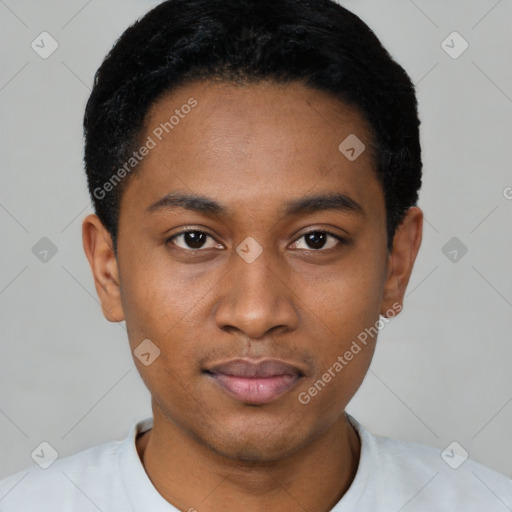 Neutral latino young-adult male with short  black hair and brown eyes