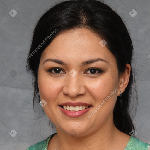 Joyful white adult female with medium  brown hair and brown eyes