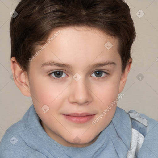 Joyful white child female with short  brown hair and brown eyes