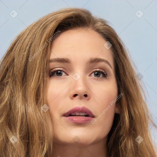 Neutral white young-adult female with long  brown hair and brown eyes