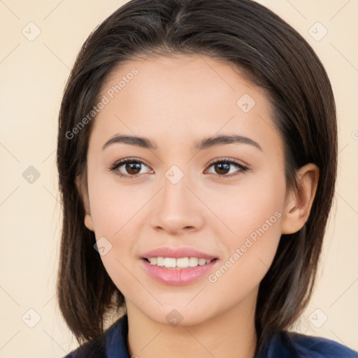 Joyful white young-adult female with medium  brown hair and brown eyes