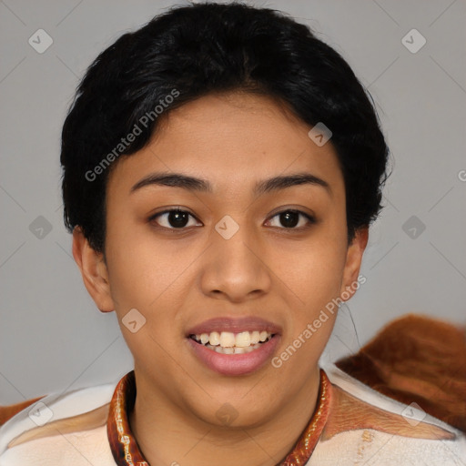 Joyful latino young-adult female with short  black hair and brown eyes