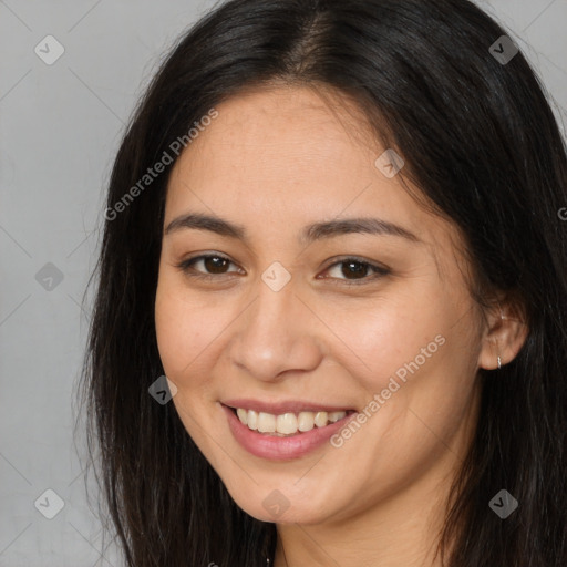 Joyful white young-adult female with long  brown hair and brown eyes