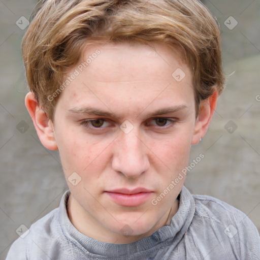 Neutral white young-adult male with short  brown hair and grey eyes