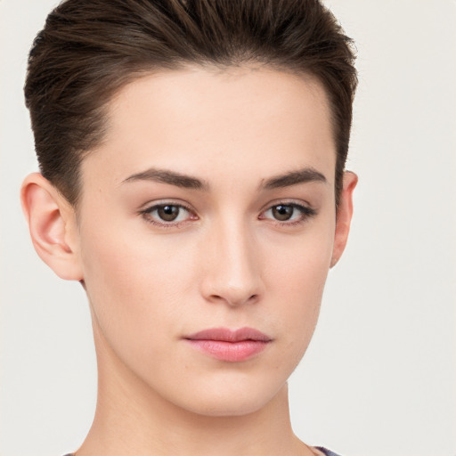 Neutral white young-adult female with short  brown hair and brown eyes