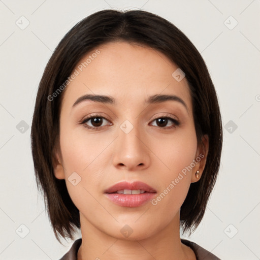 Neutral white young-adult female with medium  brown hair and brown eyes