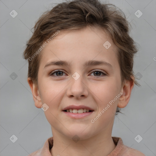 Joyful white child female with short  brown hair and brown eyes