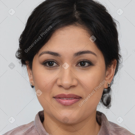 Joyful latino young-adult female with medium  brown hair and brown eyes