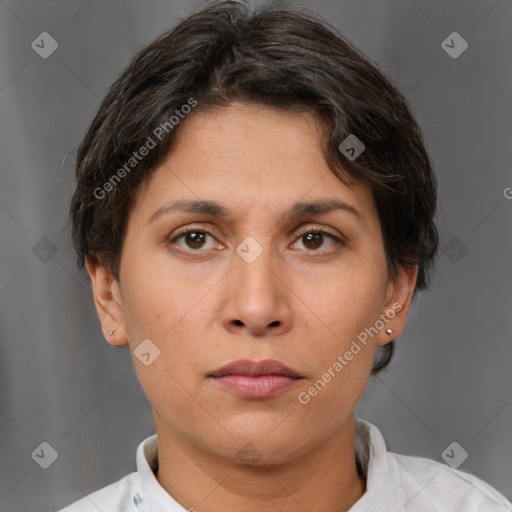 Neutral white adult female with short  brown hair and brown eyes